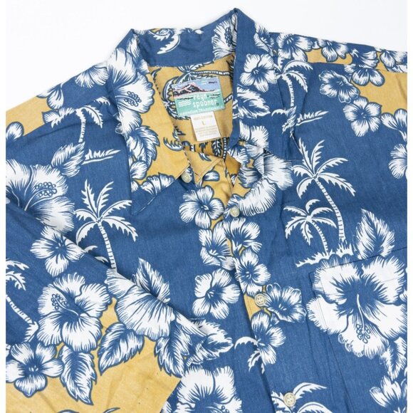 Reyn Spooner Floral Hawaiian Shirt Men's Large Blue Yellow Palm Tree Aloha - Picture 4 of 11